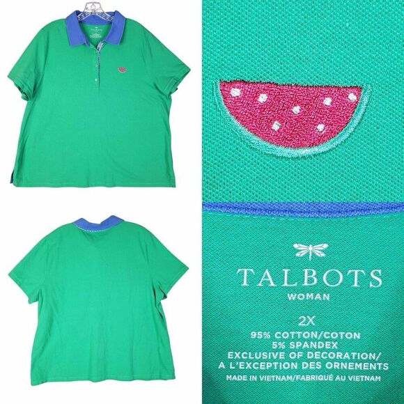Talbots Polo Shirt Green Cotton Stretch Short Sleeve Plus Size 2X Watermelon - Picture 1 of 9